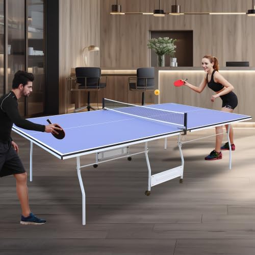 8ft/9ft Mid-Size Table Tennis Table Foldable & Portable Ping Pong Table Set for Indoor Games with Net, 2 Table Tennis Paddles and 3 Balls