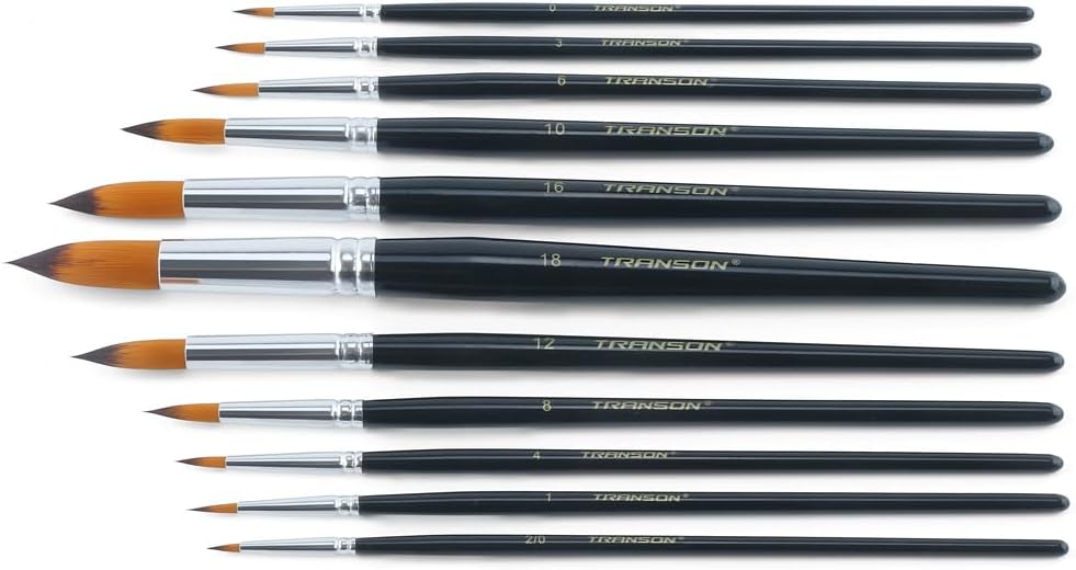 Transon 11pcs Round Paint Brush Basic Set for Watercolor, Acrylic, Gouache, Ink, and Tempera Painting