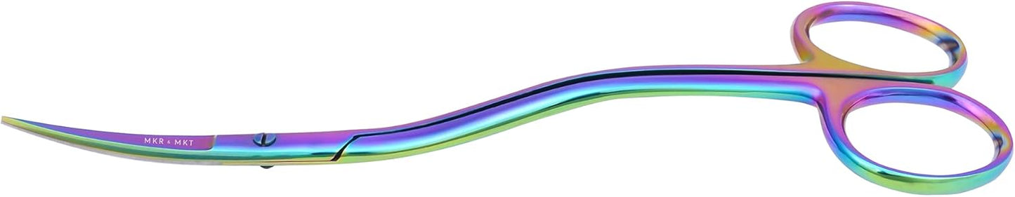 Applique Long Thin Needlepoint Blade 6.1 Inch - Double Bent Curved Offset Handle Scissors with Pouch Sleeve for Embroidery, Fabric, Thread, Knitting, Sewing, Arts & Craft (Rainbow)