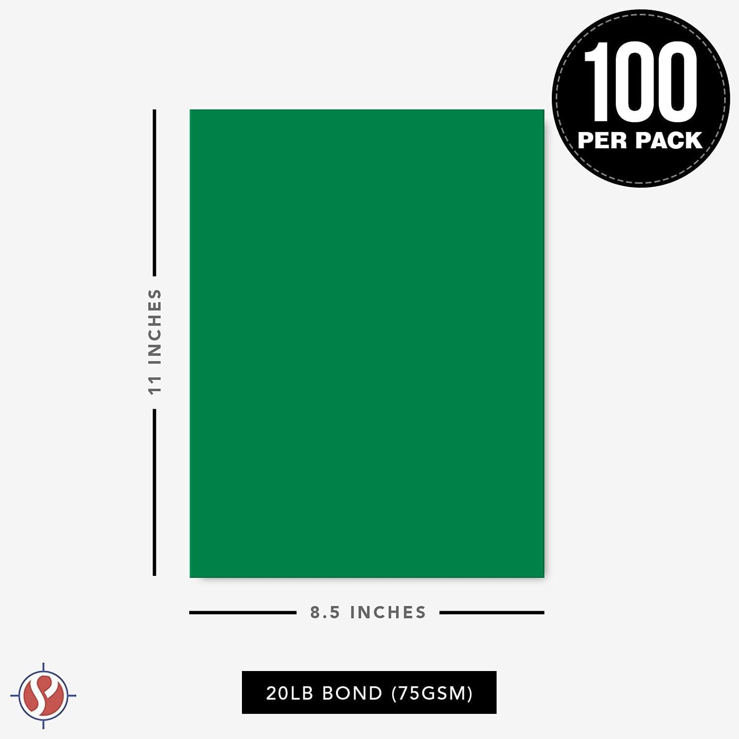 8.5 x 11" Green Color Paper Smooth, for School, Office & Home Supplies, Holiday Crafting, Arts & Crafts | Acid & Lignin Free | Regular 20lb Paper - 100 Sheets