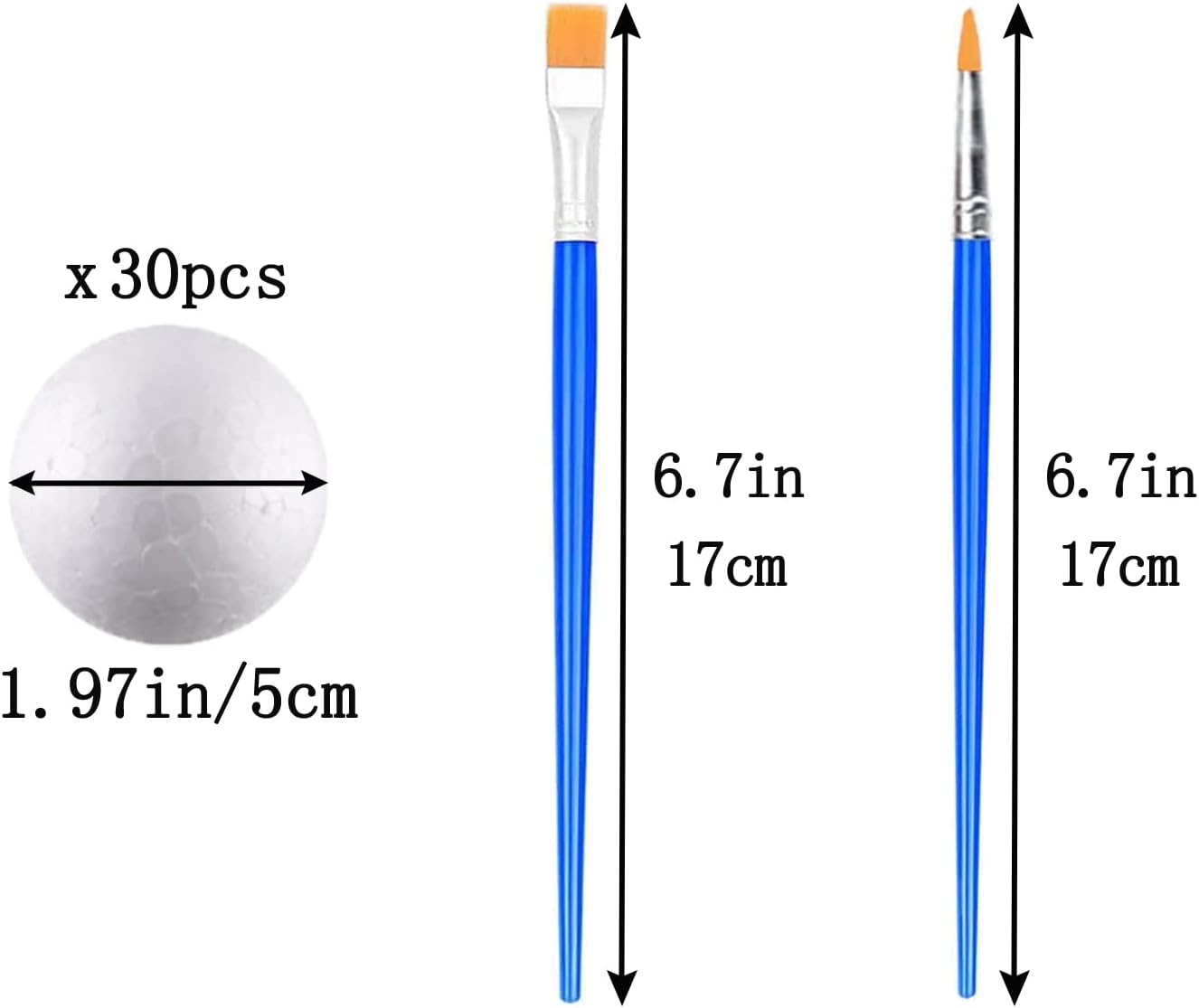 hesmartly 30 Pack Craft Foam Balls,White Polystyrene Smooth Round Balls, 1.97inch Foam Balls and 2 Pieces Painting Brushes for DIY Projects Arts and Crafts Supplies