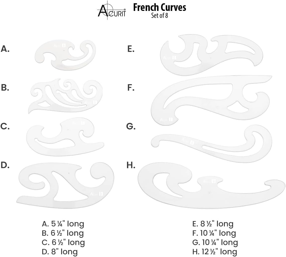 Acurit French Curve Set of 8 – Clear Plastic Drawing Templates for Sewing, Pattern Making, Drafting, Fashion Design, Architecture, Graphic Illustration – Smudge-Free Inking Edges