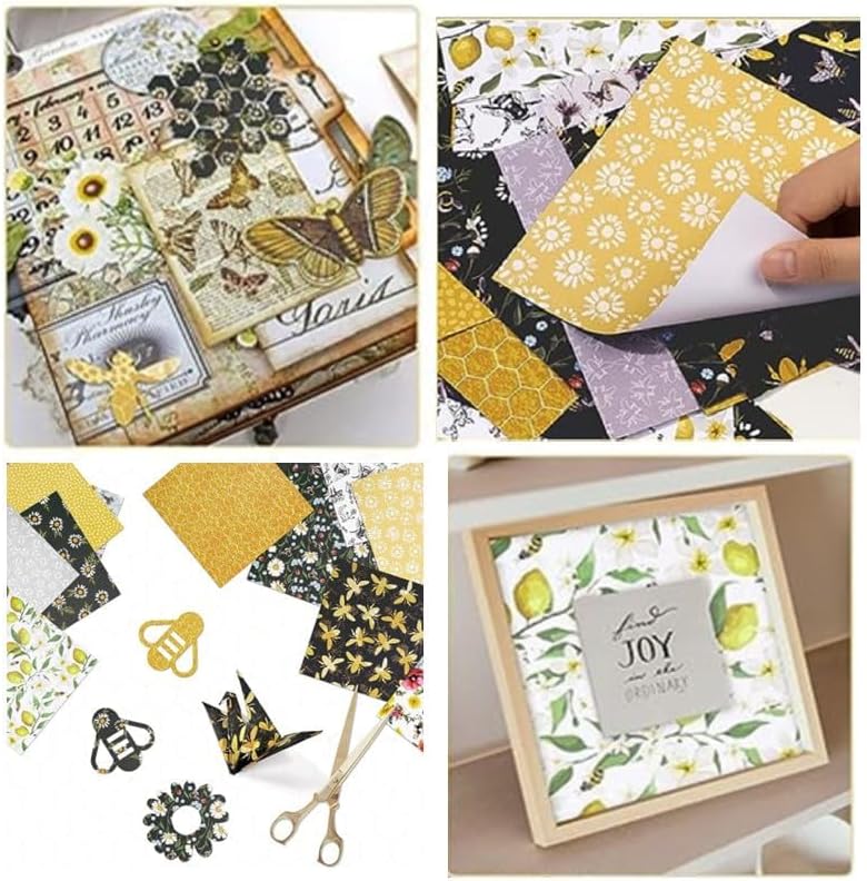 Honey Bee Pattern Paper Pack Yellow Black And Gray 24 Sheets Decorative Scrapbooking Paper Pad 6x6 Floral Craft Paper Single-Side Card Making Supplies for Junk Journal, Origami, Holiday Journaling