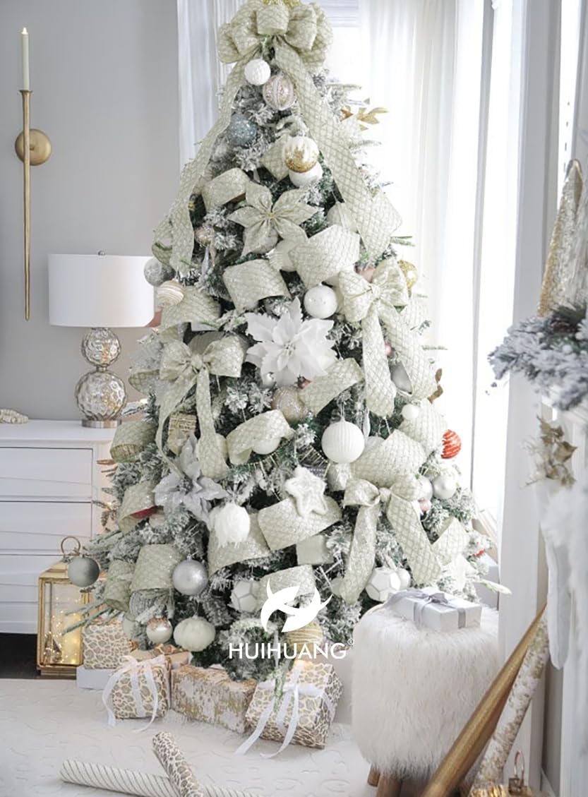 HUIHUANG Champagne Glitter Wired Ribbon for Christmas Tree 2.5 inch Light Champagne Diamond Mesh Ribbon for Tree Decoration, Wreaths, Garland, Gift Wrapping, Bows Making, Home Decor -10 Yards