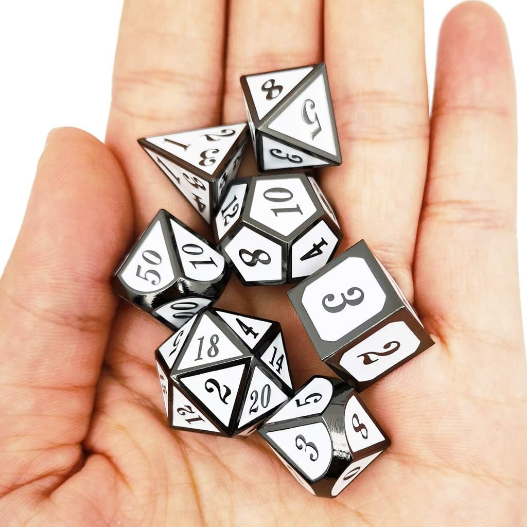 Haxtec 7 Die DND Metal Dice Set D&D 7PCS DND Dice of D20 D12 D10 D8 D6 D4 Compatible with Dungeons and Dragons RPG Games-Glossy Enamel Dice (Black White)