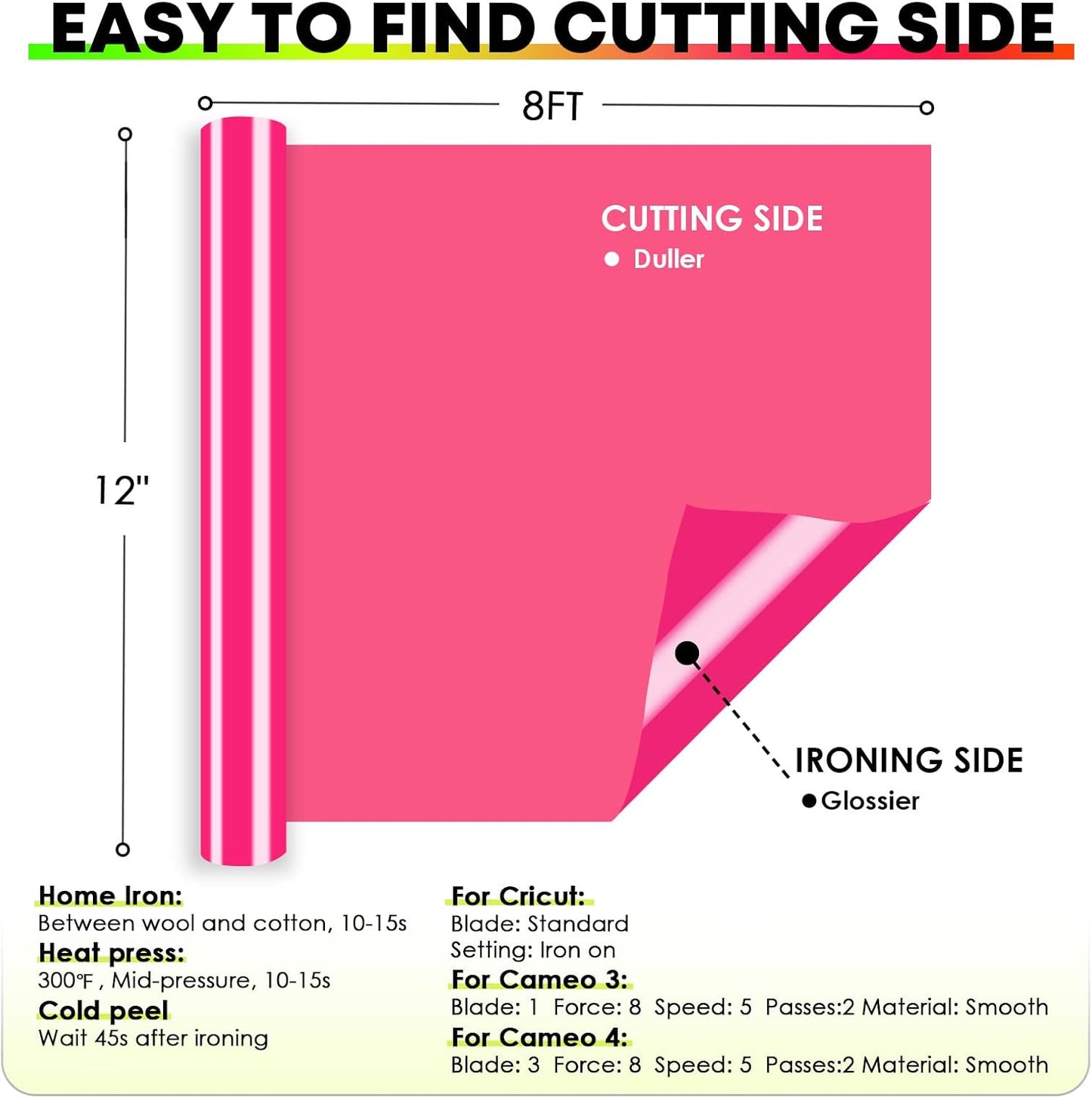 HTVRONT HTV Vinyl Rolls Heat Transfer Vinyl - 12" x 8ft Neon Green HTV Vinyl for Shirts, Iron on Vinyl for All Cutter Machine - Easy to Cut & Weed for Heat Transfer Design