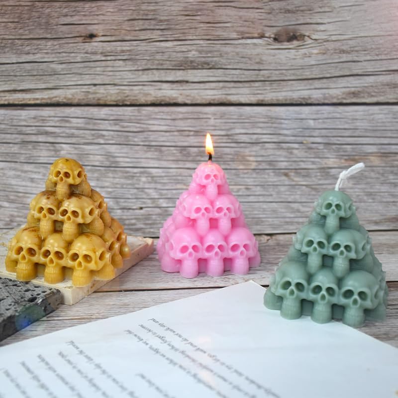 Halloween Skull Head Pyramid Candle Silicone Mold, DIY 3D Carved Skeleton Candle Making Wax Mould Gypsum Ornament Resin Soap Chocolate Mold Home Decor