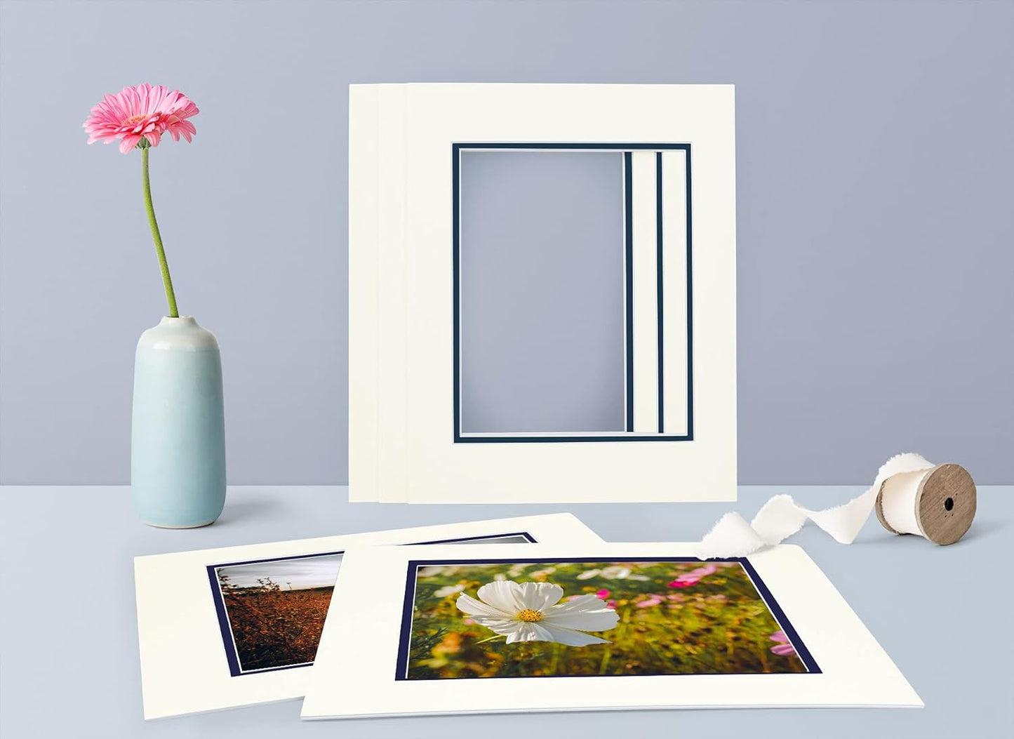 Golden State Art, 11x14 Double Mats for 8x10 - for Photos, Pictures, Frames - Acid-Free, 5 Pack, Ivory Turret Over Dignity Blue