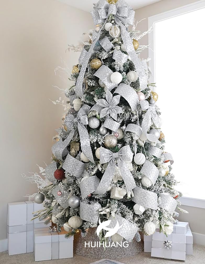 HUIHUANG Silver Christmas Ribbon 4 inch Silver Glitter Wired Ribbon Diamond Mesh Wire Ribbon for X-mas Tree Decorations, Wreaths, Garland, Large Bows Making, Home Decor -10 Yards