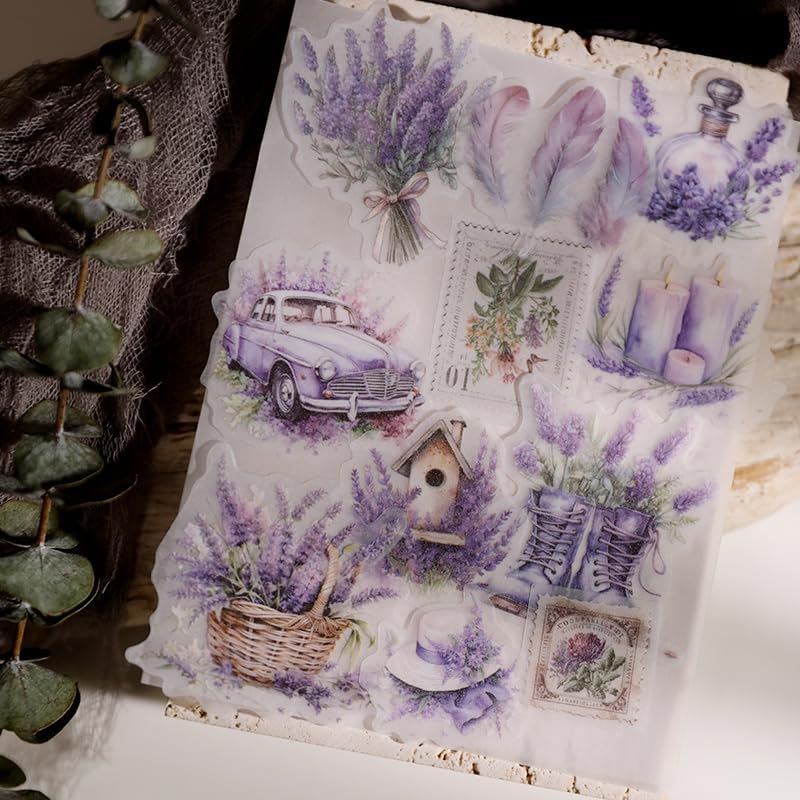 Vintage Vellum Stickers Floral Plants Elements Scrapbooking Supplies Flowers Botanic Natural Translucent Paper Self-Adhesive Junk-Journal Items (Lavender)