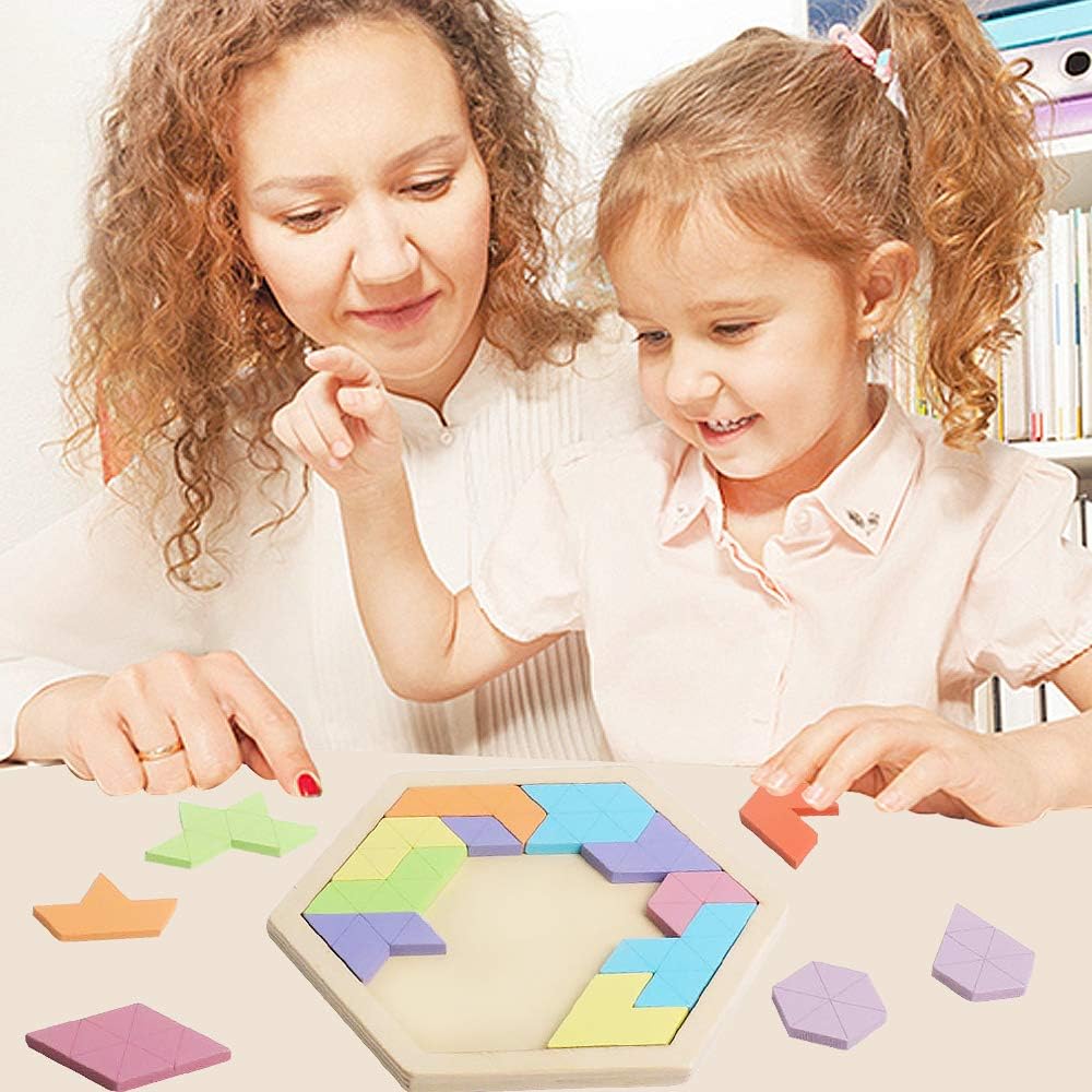 Skrtuan Wooden Hexagon Puzzle for Kid Adults Wooden Blocks Puzzle Brain Teasers Toy Shape Pattern Blocks Tangram Puzzles Games Family Portable Montessori Educational Gift for Kid Children
