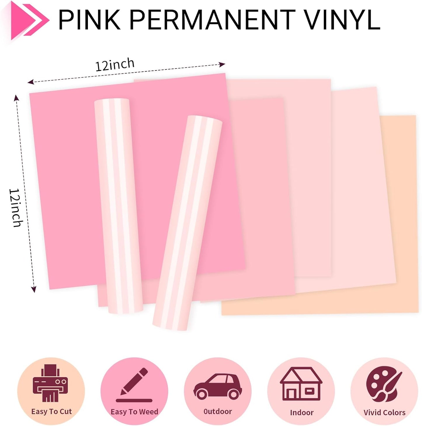 GIRAFVINYL Pink Permanent Vinyl - 12”x12” 7 Sheets Light Pink Vinyl Permanent Adhesive for Home and Car Decorations, Signs, Tumblers, Easy to Cut & Waterproof
