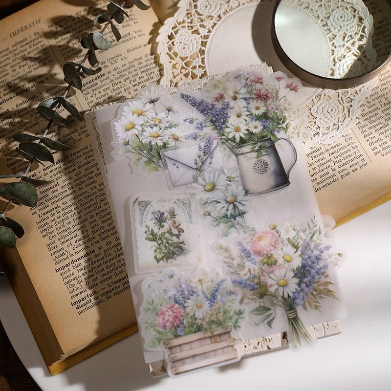 Vintage Vellum Stickers Floral Plants Elements Scrapbooking Supplies Flowers Botanic Natural Translucent Paper Self-Adhesive Junk-Journal Items (Spring Bouquet)