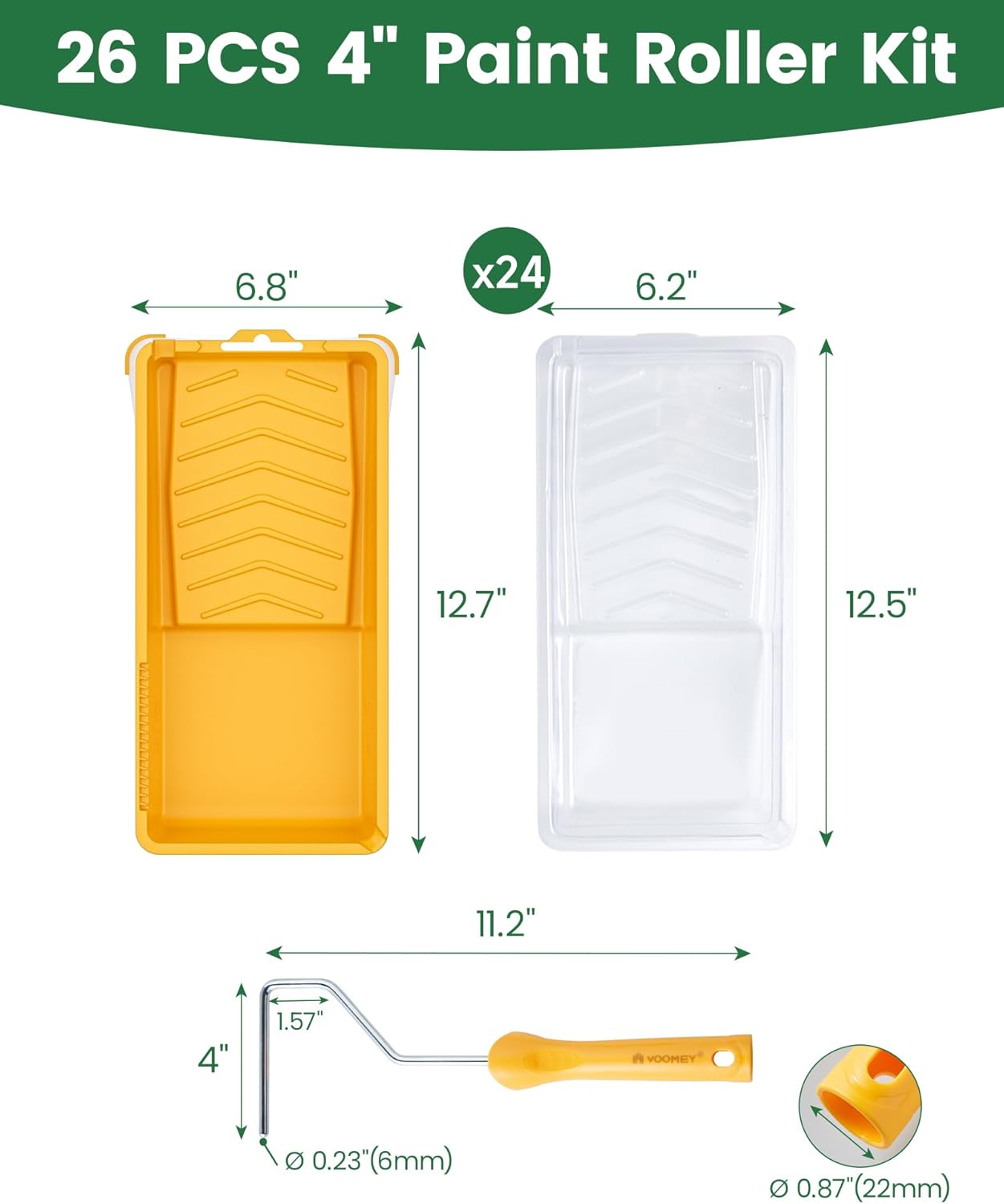 Voomey 4 Inch Paint Roller Tray - 24 Pack Plastic Liners & 1x Roller Frame, 4" Paint Tray Set, for Home Decor, Walls and Furniture Painting