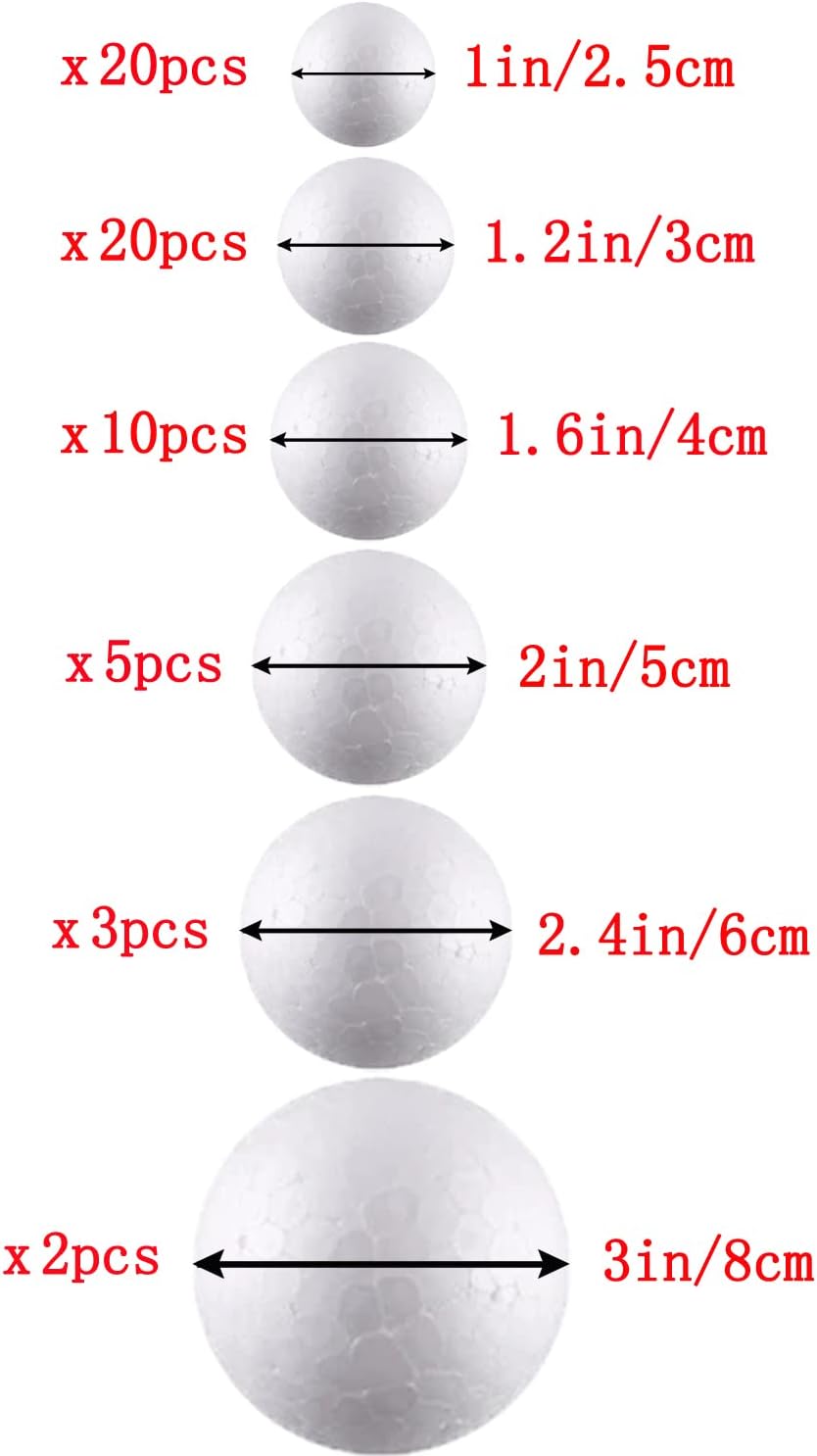 hesmartly 60 Pack Craft Foam Balls,White Polystyrene Smooth Round Balls, 6 Sizes Foam Balls and 2 Pieces Painting Brushes for DIY Projects Arts and Crafts Supplies