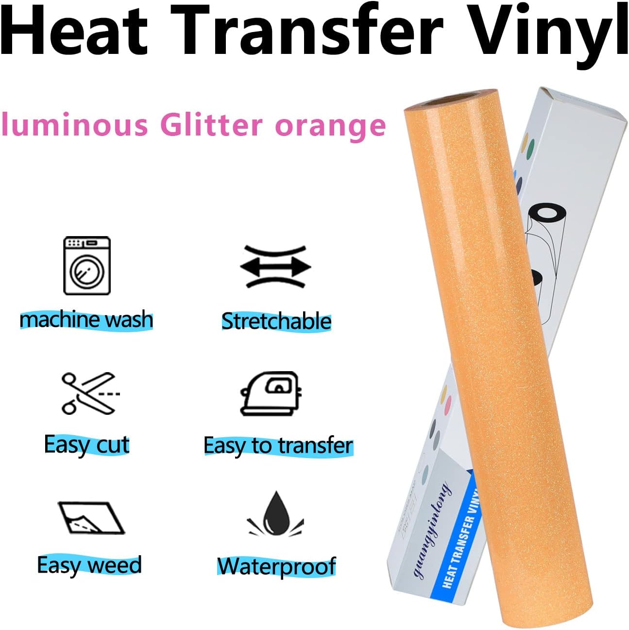 guangyintong Glow Glitter Orange Yellow Heat Transfer Vinyl HTV Rolls, 12" x 8ft Iron on Vinyl for T-Shirts, Glitter HTV Vinyl for All Cutter Machines Easy to Cut & Weed for DIY Design