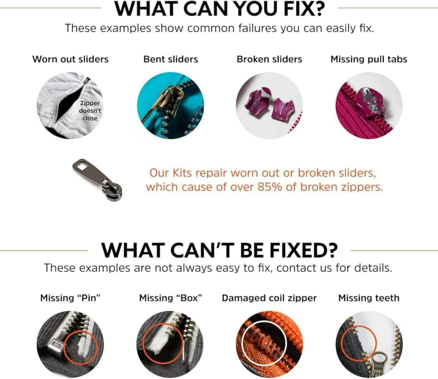 AKTIOIN Metal Zipper Repair Kit for Jackets, Luggage, Bags, Backpack, No Sewing Required Detachable Zip Heads Zipper Pull Replacement (Black, #8)