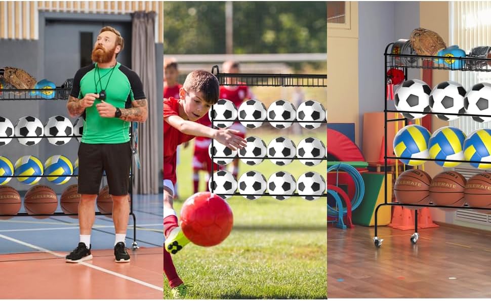 Ball Storage - 22.83" Basketball Cart With Wheels Garage Volleyball Storage Sport Equipment Holder Organizer For Indoor Outdoor,Metal Storage Rack For Playgroup,Gym And School