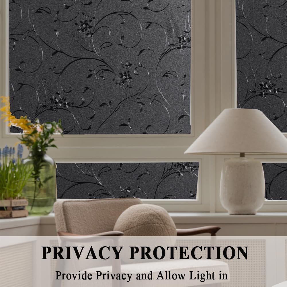 Mikomer Total Blackout Window Film,100% Light Blocking Privacy Glass Door Film Etched Flowers,Room Darkening Window Cling,No Glue/Heat Control/Anti UV for Day Sleep & High Privacy,35In. by 78.7In.