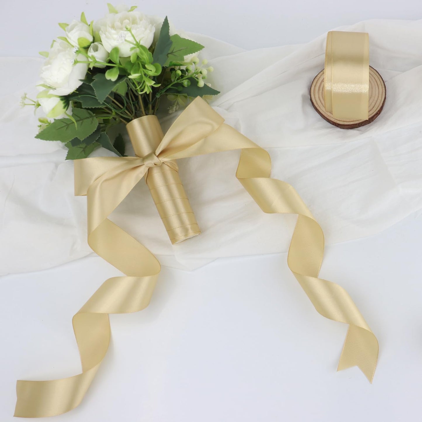 Champagne Solid Satin Ribbon 1-1/2 Inch 25 Yards Solid Polyester Fabric Ribbon for Gift Wrapping Wedding Christmas Baby Shower Birthday Party Decoration Handmade Immortal Flower Craft