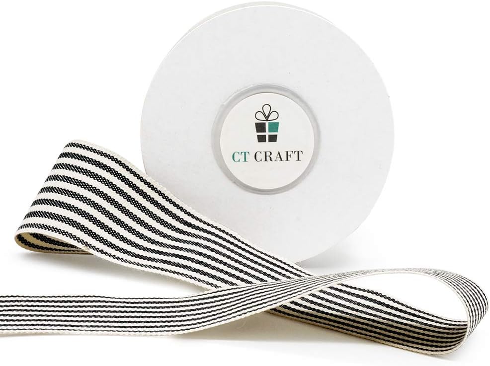 CT CRAFT LLC Ivory Cotton Black Stripes Ribbon 1.5" x 10 Yards for Home Décor Gift Present Wrapping DIY Crafts Birthday Wedding Bouquet Christmas