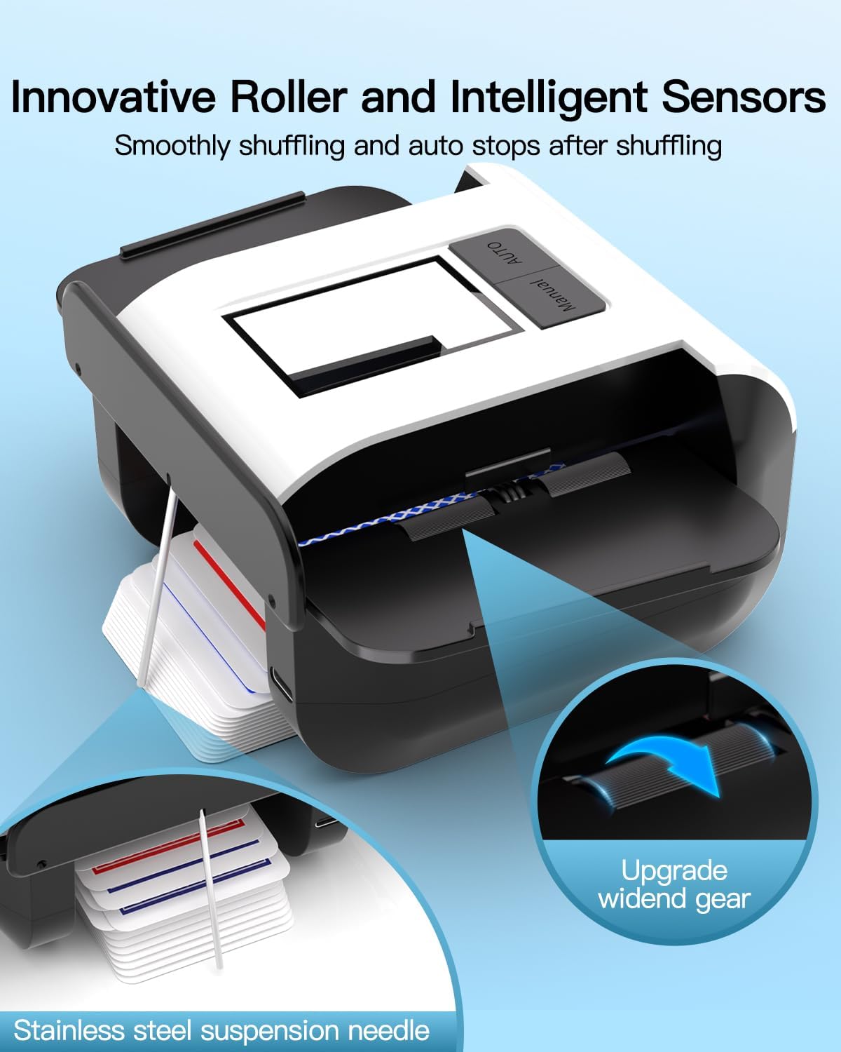 Automatic Card Shuffler, Rechargeable Cards Shuffler Machine with AUTO & Manual Mode, 1-2 Decks Low Noise Electric Shuffling Machine for Poker, UNO, Texas, Blackjack, Skip-Bo, Bridge, Phase 10