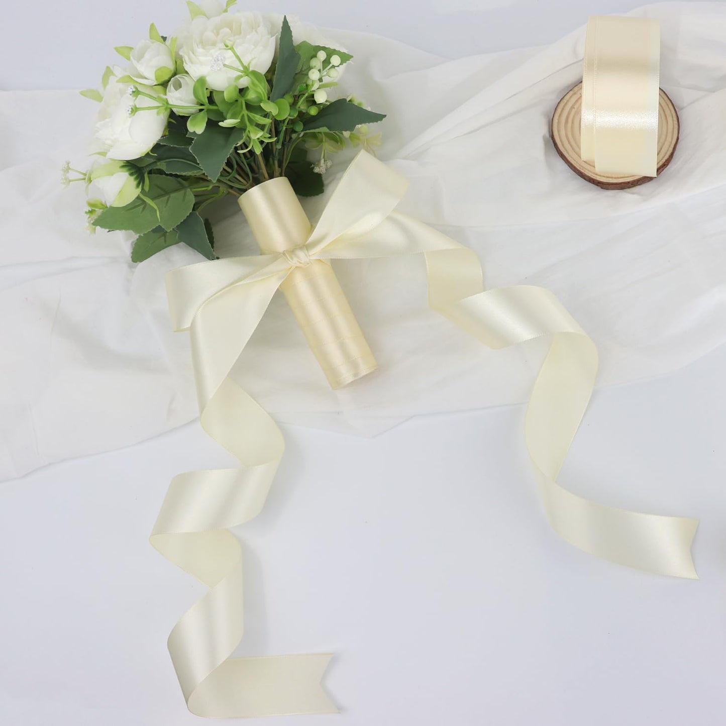 Rice White Solid Satin Ribbon 1-1/2 Inch 25 Yards Solid Polyester Fabric Ribbon for Gift Wrapping Wedding Christmas Baby Shower Birthday Party Decoration Handmade Immortal Flower Craft