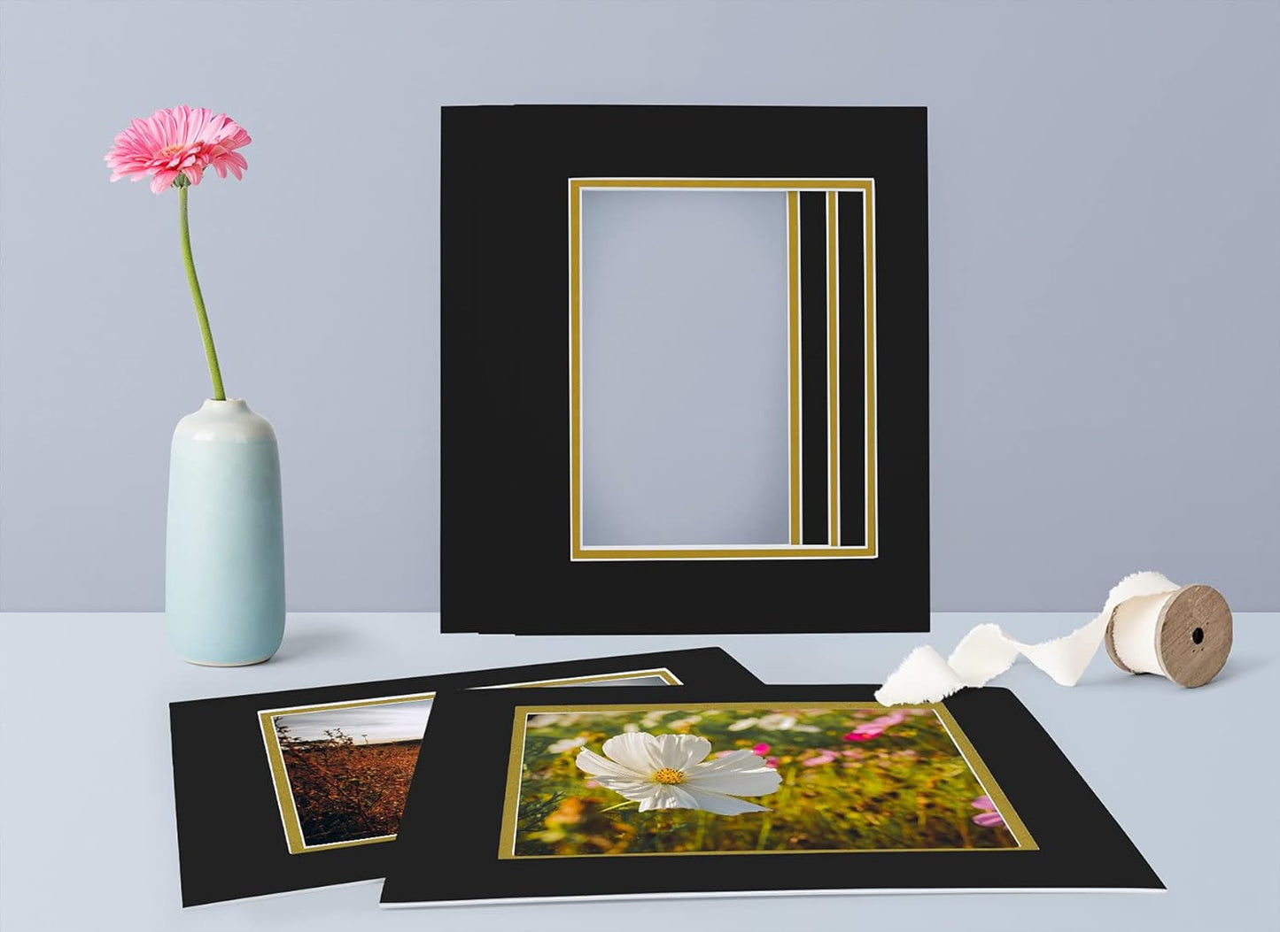 Golden State Art, 11x14 Double Mats for 8x10 - for Photos, Pictures, Frames - Acid-Free, 5 Pack, Black Over Old Gold