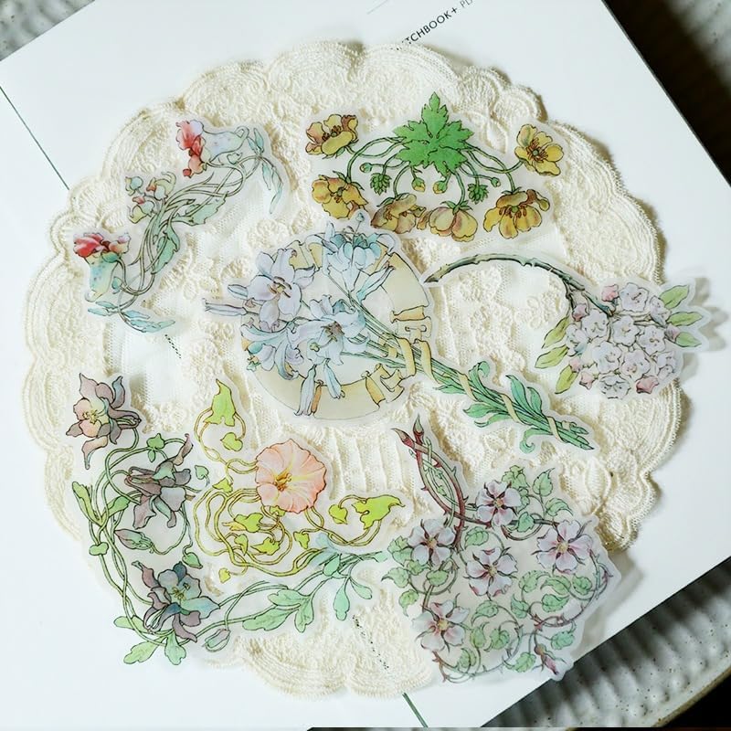 Vintage Vellum Stickers Floral Plants Elements Scrapbooking Supplies Flowers Botanic Natural Translucent Paper Self-Adhesive Junk-Journal Items (Retro Flowers)