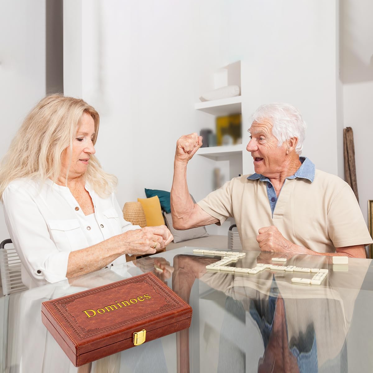 Double 6 Dominoes Set in Leatherette Case (28 Tiles with Spinner), Ivory