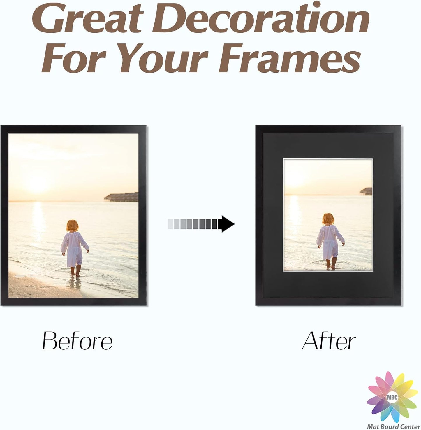 Mat Board Center, Pack of 10, 11x14 for 8x10 Black Color Mats - Bevel Cut, Acid Free, 4-ply Thickness, White Core - for Pictures, Photos, Framing