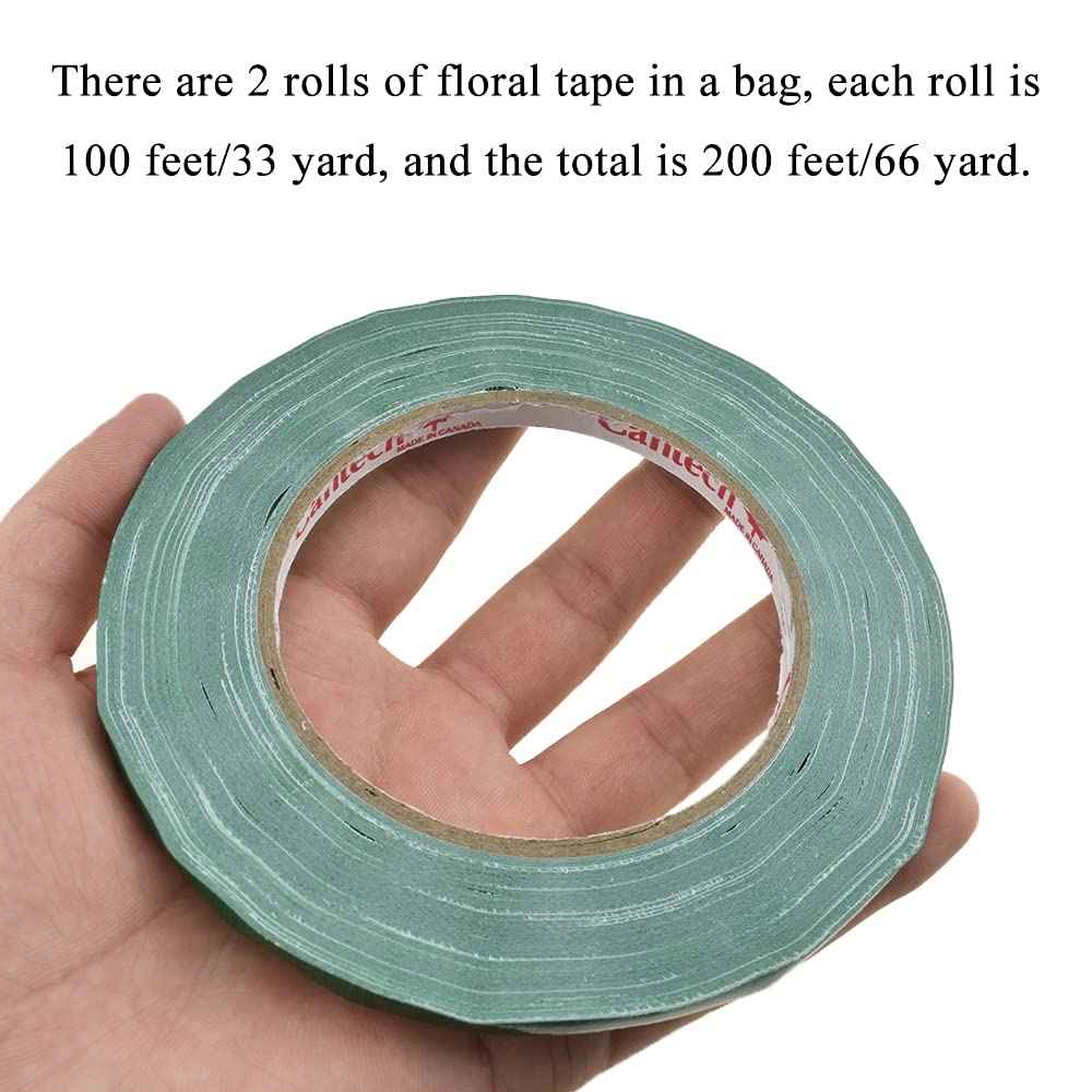 HAHIYO Green 0.25Inch Wide (200Feet/66Yard Total) 2Rolls Floral Tape Waterproof Florist Tape Flower Wrap Adhesive Waterproof Decorative Tape for Bouquet Stem Wrapping Flower Arranging and Floral Craft