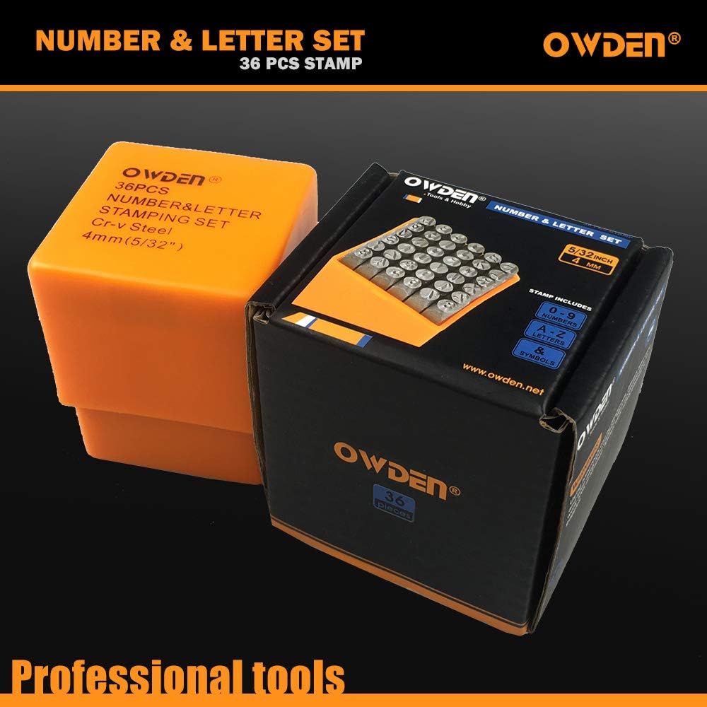 OWDEN Professional 36Pcs.Steel Metal Alphabet and Figure Punch Set (5/32”) 4mm Uppercase,Steel Number and Letter Punch Set, Jewelry Craft Stamping Tool.