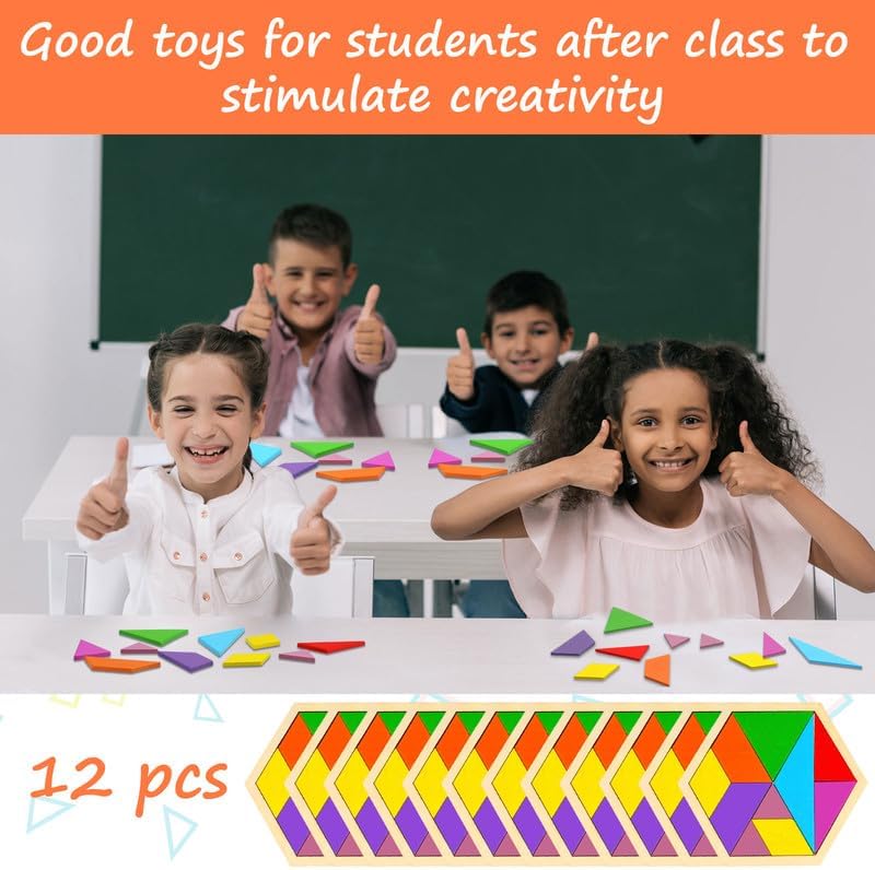 Meooeck 12 Pack Tangrams Wooden Puzzles Tangrams Classroom Set for Kids Shape Puzzles Brain Logic Blocks for Games Educational Gifts for Adults Kids Ages 4-8 8-12(Hexagon Style)