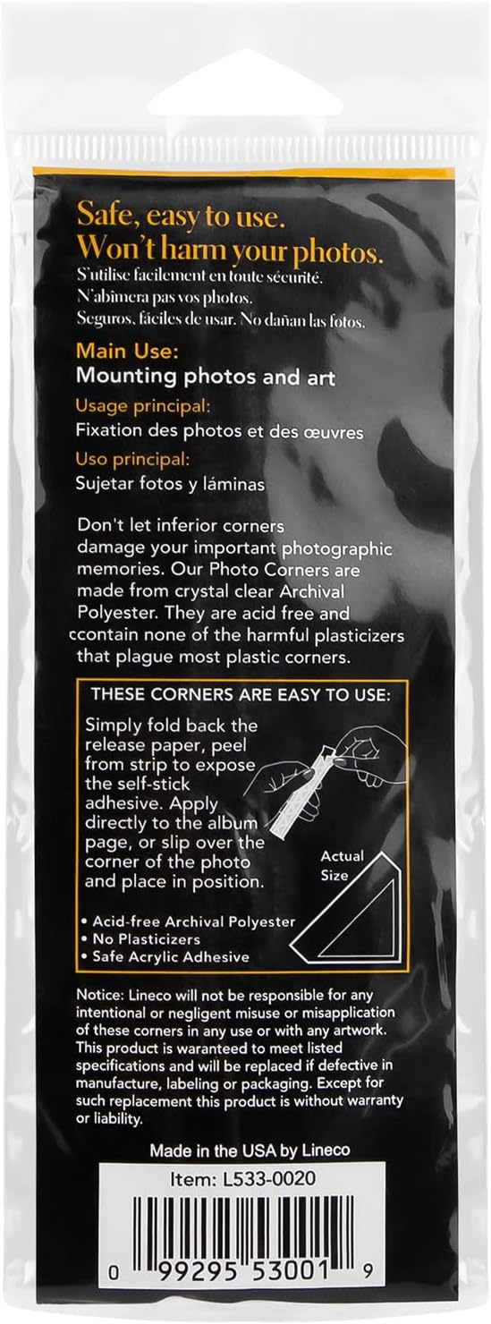 Lineco Archival Polypropylene Mounting Corners, Pressure Sensitive Acid-Free Acrylic Self-Adhesive Backing, 0.5 Inch Clear, for Artwork Photos Certificates Displaying Pictures (Qty: 240) 2 Pack