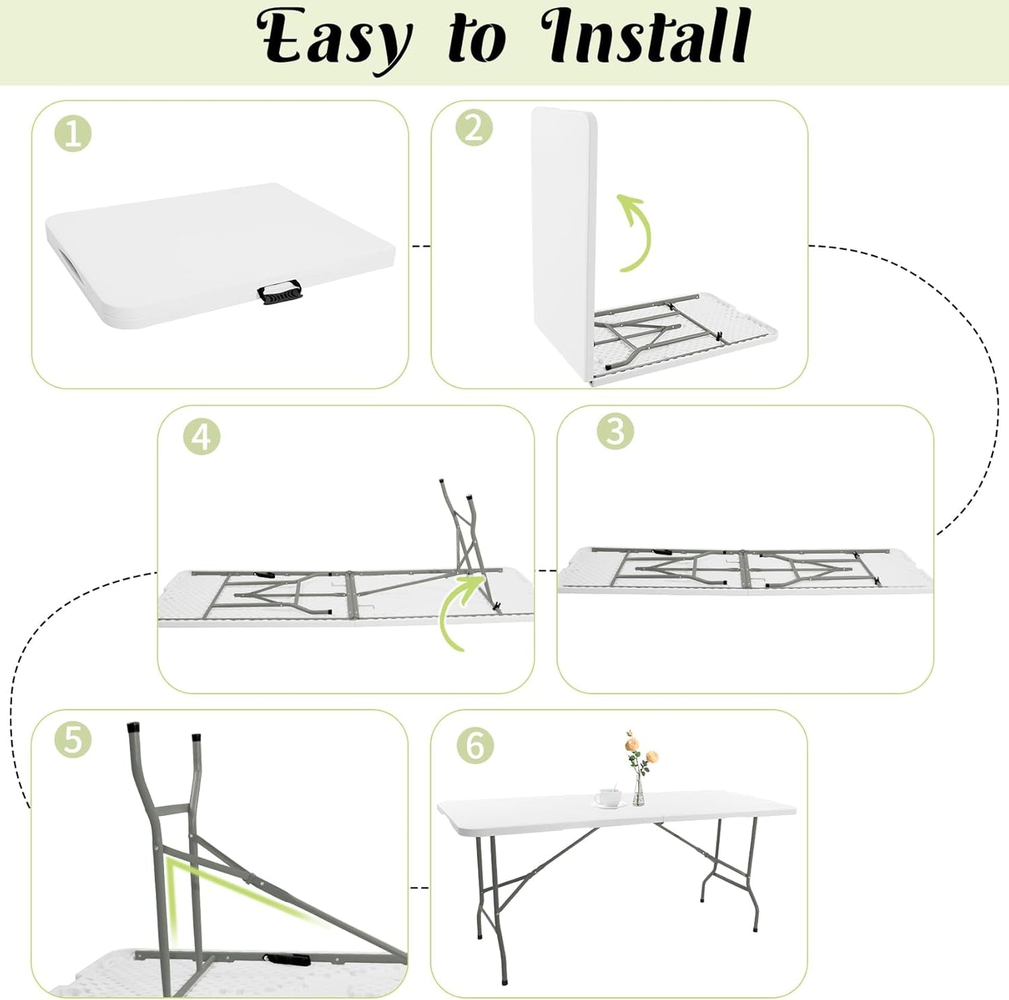 8 FT Folding Tables White Foldable Table, Fold-in-Half with Carrying Handle Portable Plastic Rectangular Table for Party, Dining, Wedding, Camping, Picnic, Indoor Outdoor Events