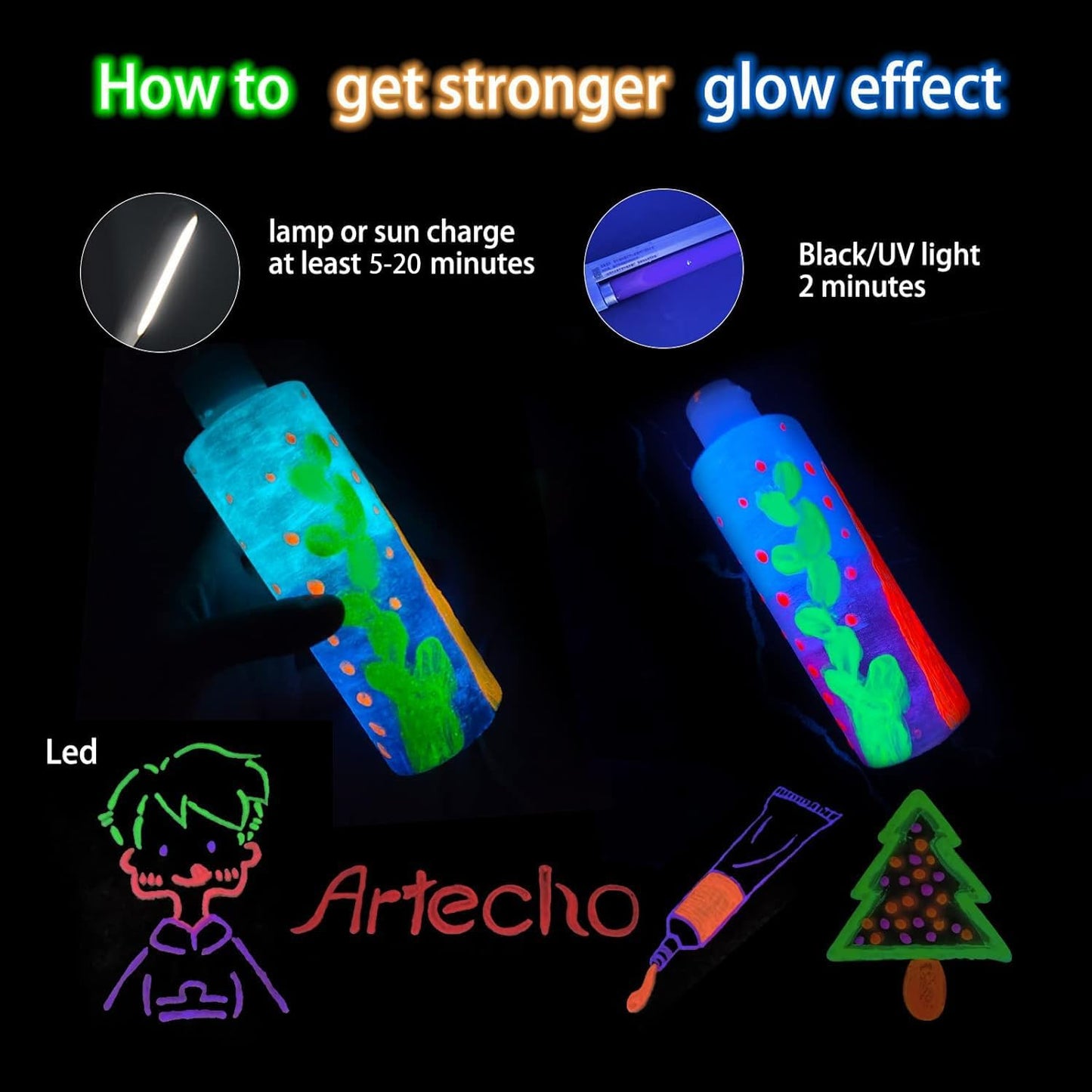 Artecho Glow in the Dark Paint, Neon Yellow Paint (120ml / 4.05oz) Tubes, Art Craft Paints for Canvas, Rock, Stone, Wood, Fabric, Art Supplies