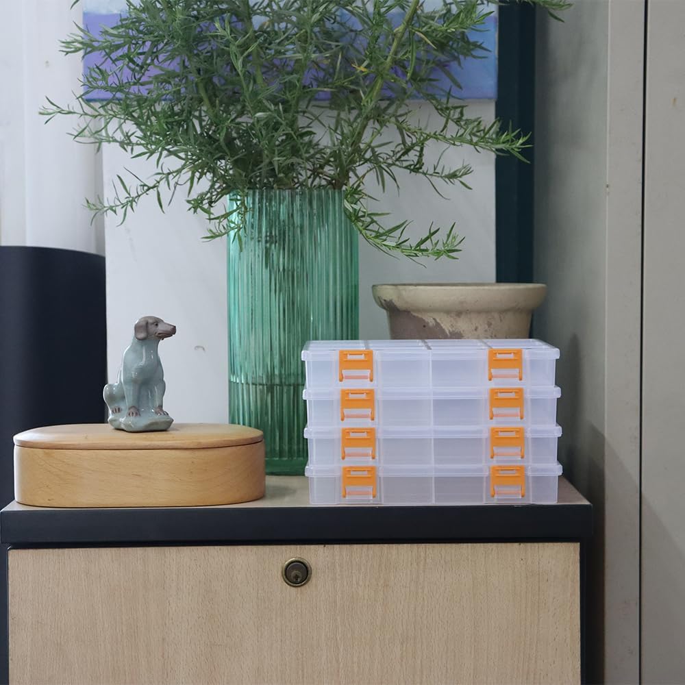 BangQiao 4 Pack 12 Grids Clear Plastic Storage Box with Dividers, Transparent Organizer Container Case for Small Parts, Bead, Button, Jewelry, Diamond, Craft Supplies,Sewing Kit, DIY Accessories