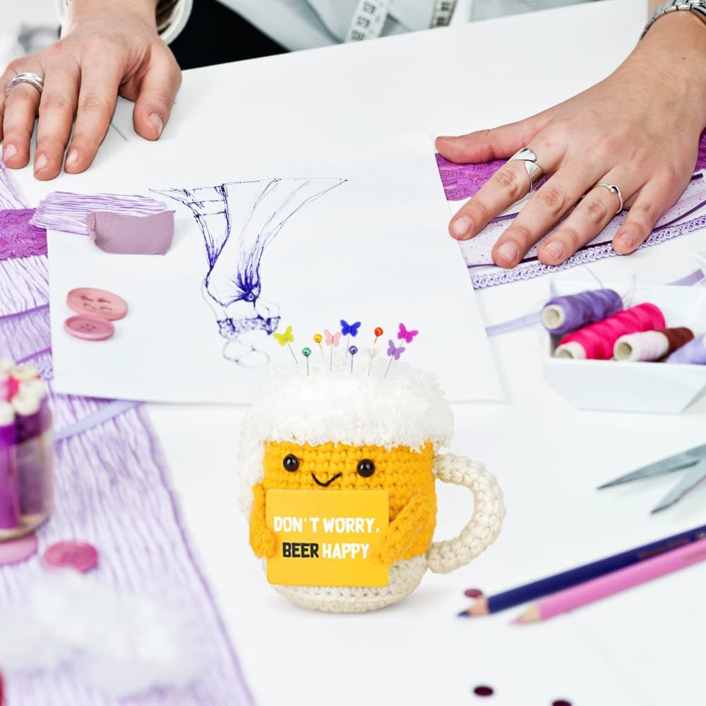 Beer Cup Pin Cushion, Handmade Knitted Pincushions, Cute Pin Cushions Needle Holders for Sewing Quilting Accessory, DIY Crafts or Patchwork Decor