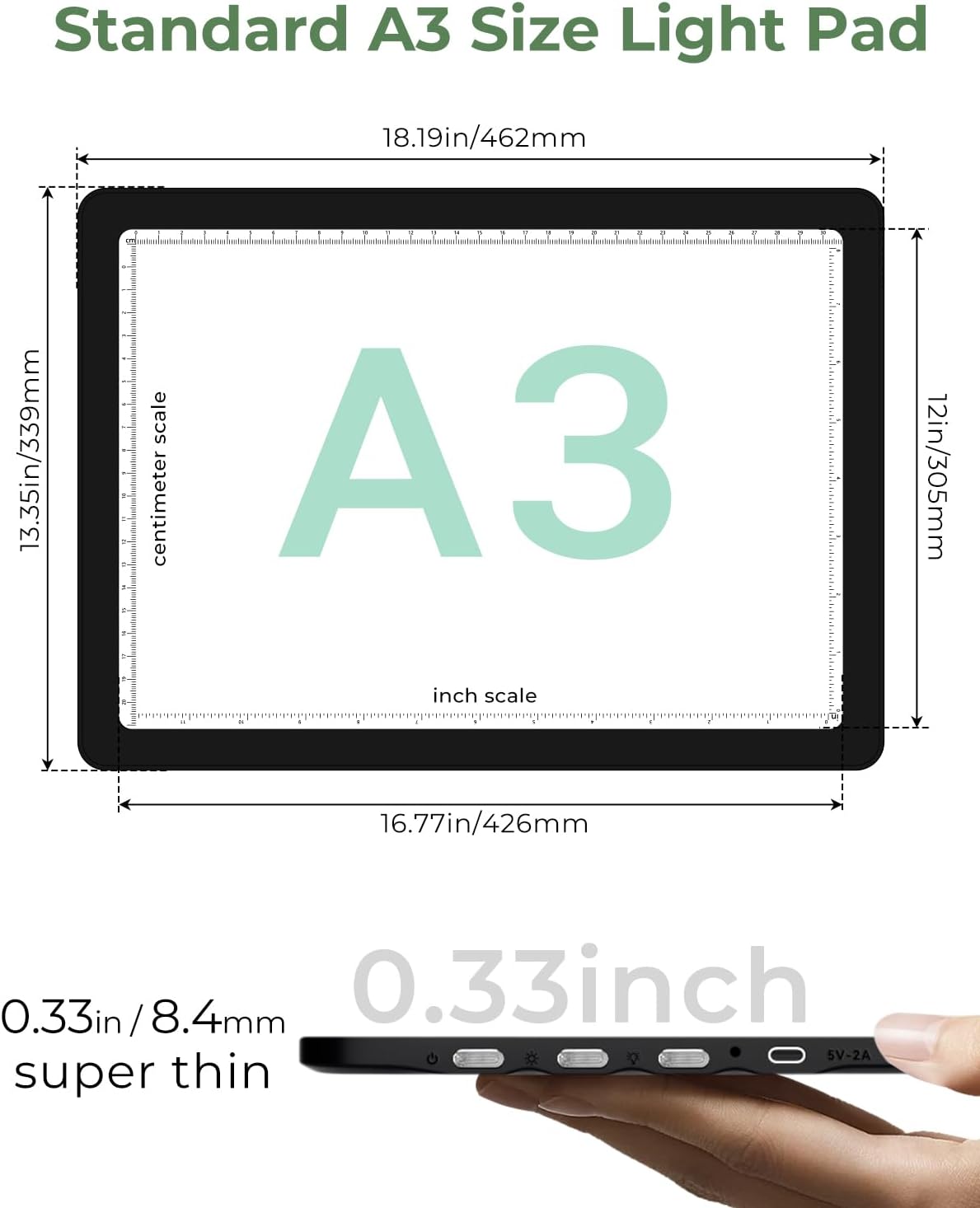 Cordless A3 Diamond Painting Art LED Light Board for Tracing and Drawing,Bawaslom Light Box with 3 Colors & 6-Level Brightness,Rechargeable Drawing Pad for Tracing,Diamond Art,Vinyl Weeding,Sketching