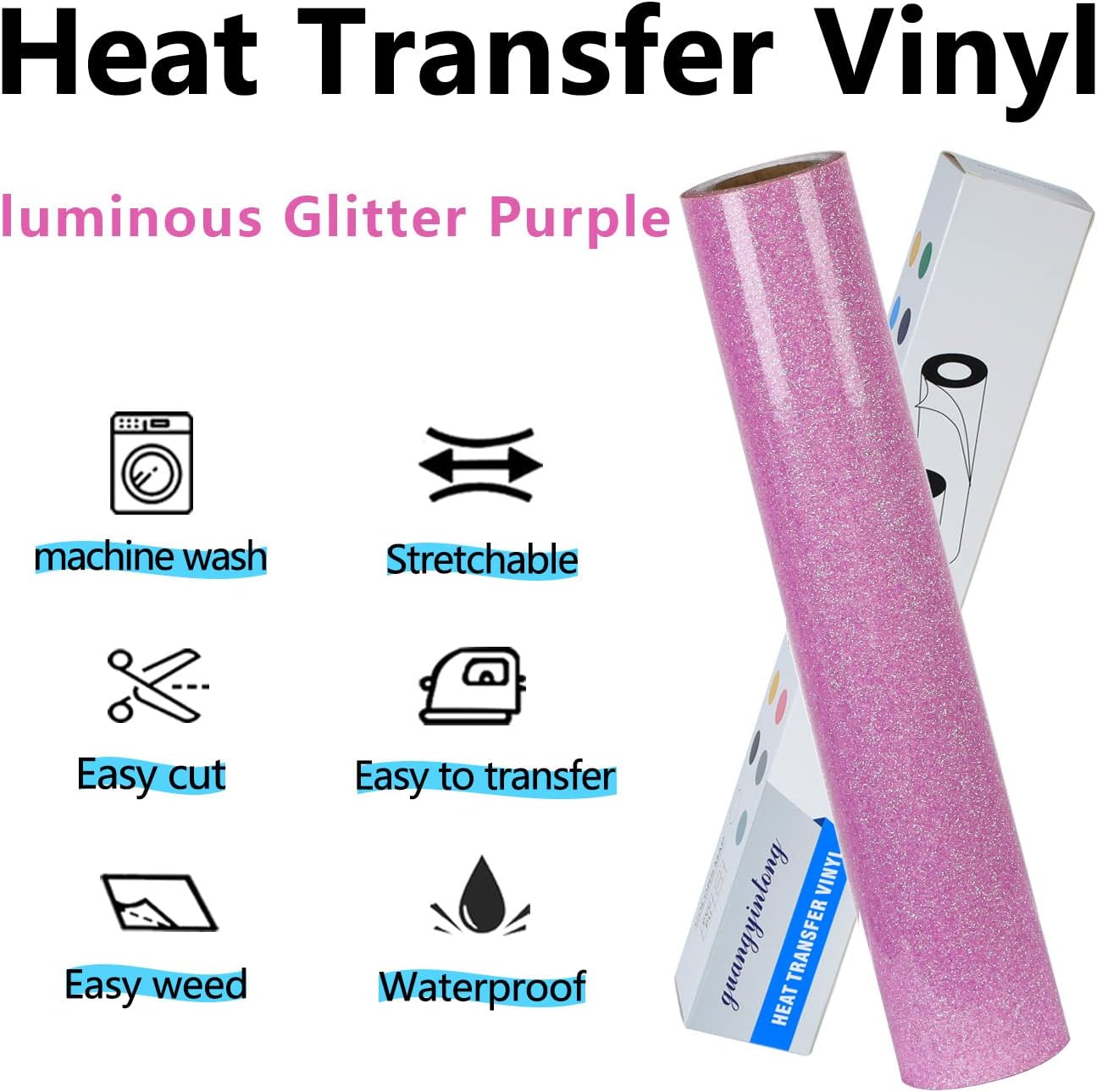 guangyintong Glow Glitter Purple Heat Transfer Vinyl HTV Rolls, 12" x 8ft Iron on Vinyl for T-Shirts, Glitter HTV Vinyl for All Cutter Machines Easy to Cut & Weed for DIY Design