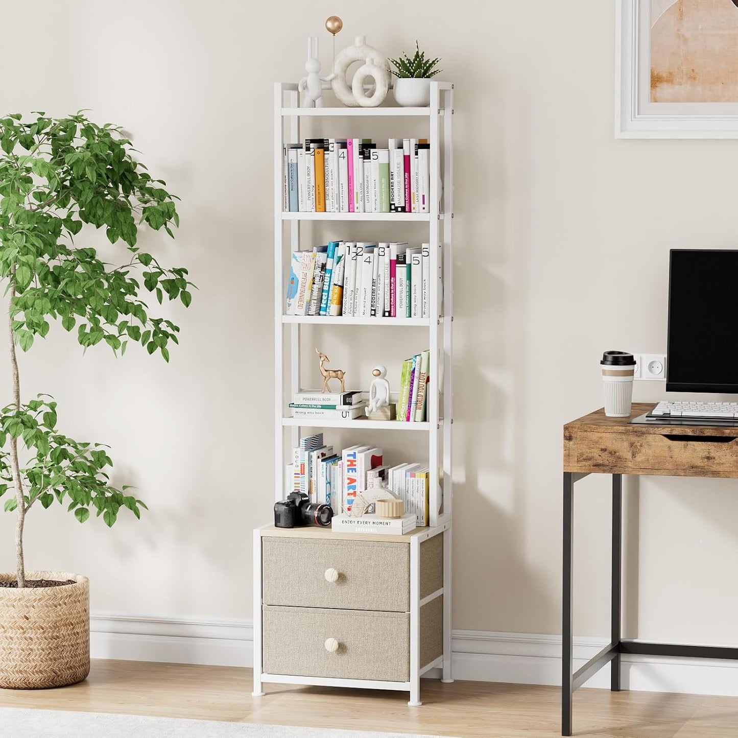 CD Storage Rack with Drawer, 5-Tier DVD Organizer Shelf w/Adjustable Book Stoppers, Media Storage Rack for CD/DVD, Books & Games, Ideal for Living Room & Home Office – 15.7x11.8x56.5Inches