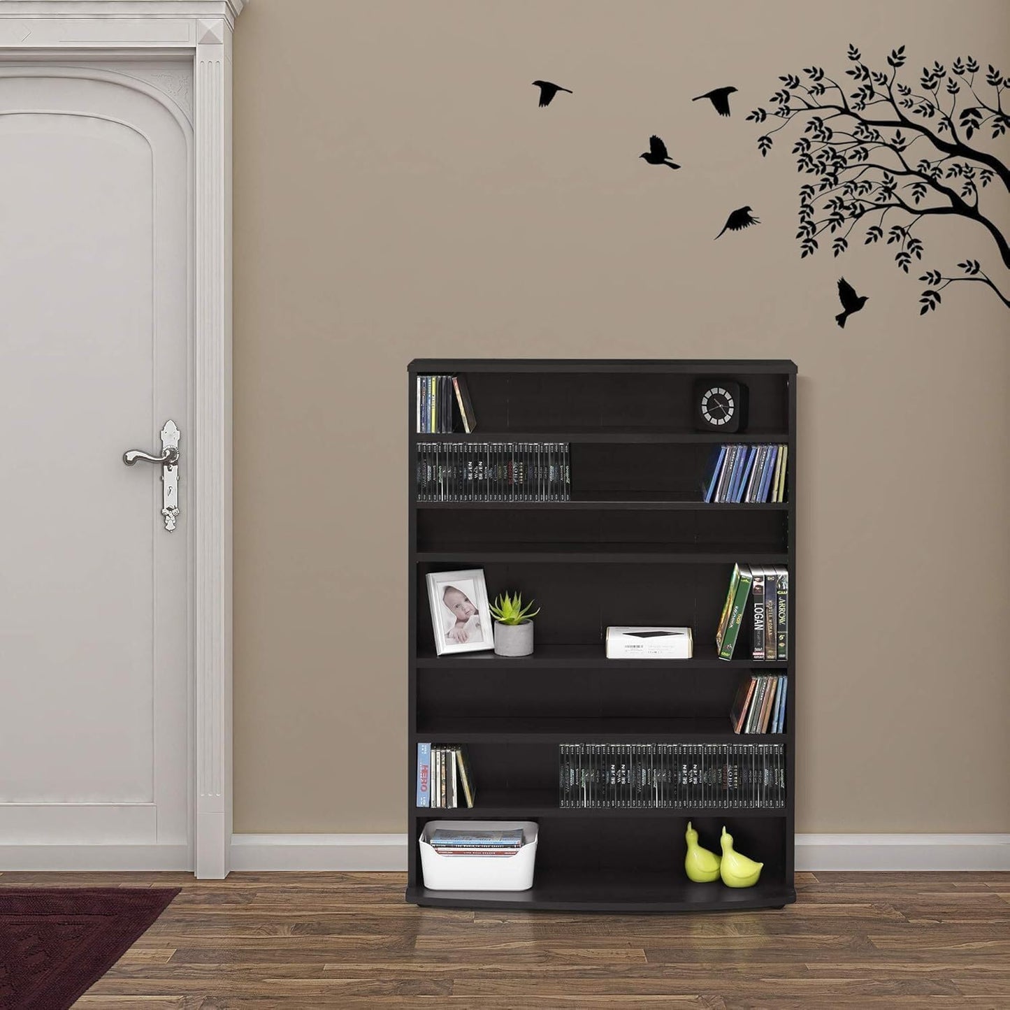 Adjustable Shelves Multimedia Storage Tower Rack with Spacious Media Organization, Durable Design, Versatile Rack for DVDs, CDs, Games, and More Espresso/6 Tier