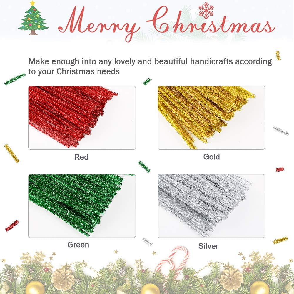 Caydo 300 Pieces Christmas Pipe Cleaners Glitter Chenille Stems for DIY Craft Christmas Decoration (Red, Green, Gold, Silver)