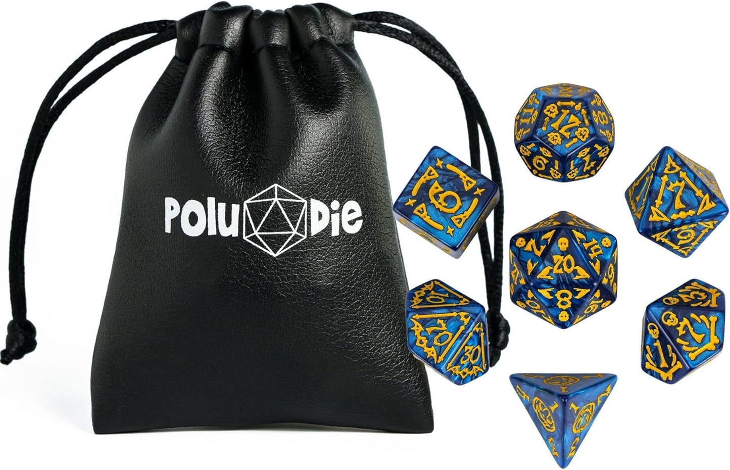 7-Die DND Dice Set Halloween Pattern Polyhedral Dice Set with Leather Bag, Skull Dice D&D Dice Set for RPG Table Games (Halloween Pattern-Blue)