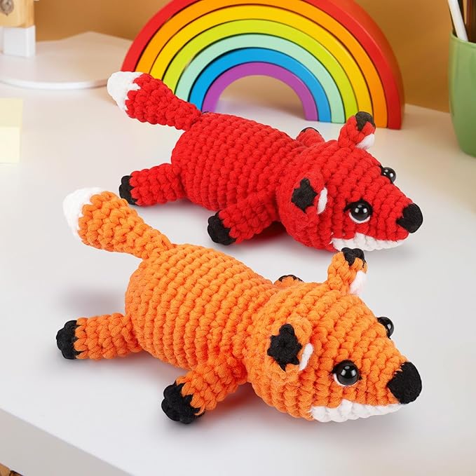 Fortuning's JDS Crochet Kit for Beginners - 2 PCS Fox Crochet Kits with Step-by-Step Video Tutorials, Beginner Crochet Kit for Adults, Crochet Animal Kit for Kids, Crochet Fox Set (Orange & Red)