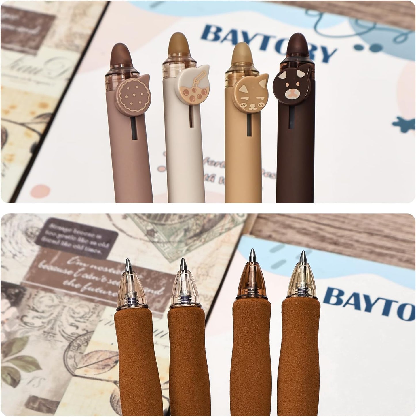 BAYTORY 8Pcs Cute Retractable Erasable Gel Pens, Blue and Black Ink Pen with Eraser Clear, Smooth Writing Comfortable to Use for Note Taking Marking Planner Crossword Puzzles (Coffee)