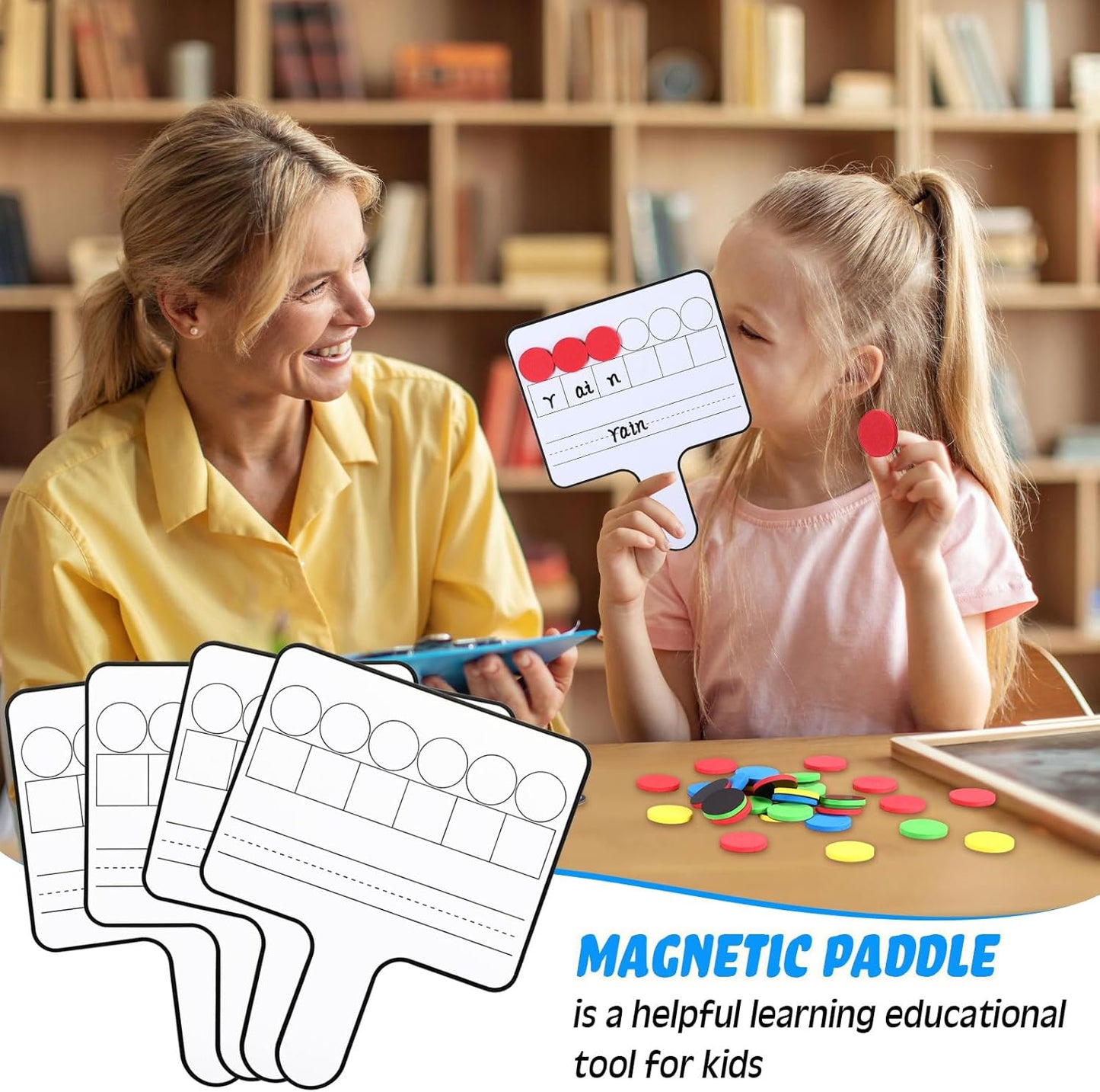 Seajan 18 Pcs Magnetic Paddle Set Education Dry Erase Double Side Handheld Answer Board with Magnetic Counters Discs Phonemic Awareness Phonics Games Toy for Students Kids Teaching Supply (Bright)