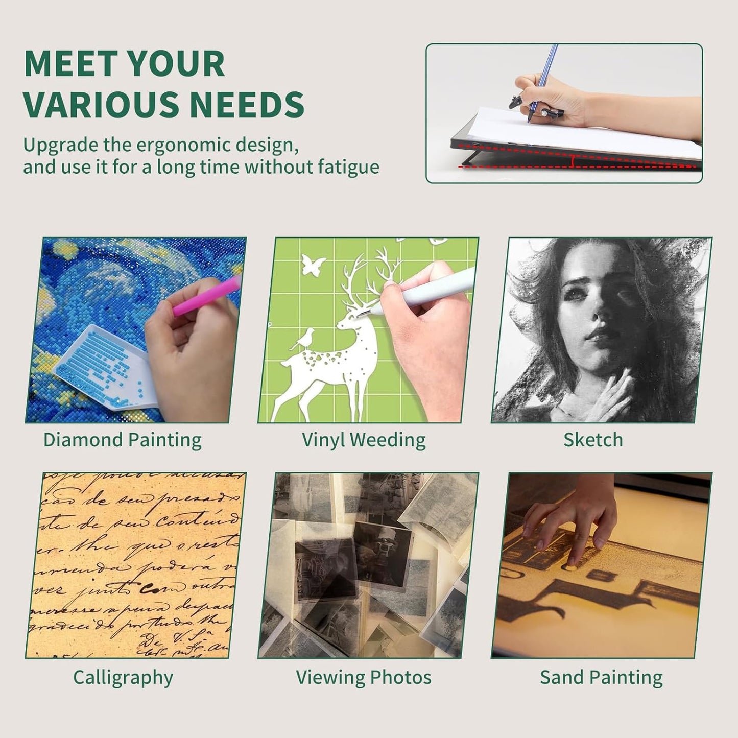 HIUKCOLED A3 Built-in Tilt Stand Light Tracing Box, 6-level๏ผStepless Dimmable Adjustable Brightness Light Pad with 3 Colors,Battery Powered LED Light Board for Drawing,Diamond Painting,Sketching,X-Ray