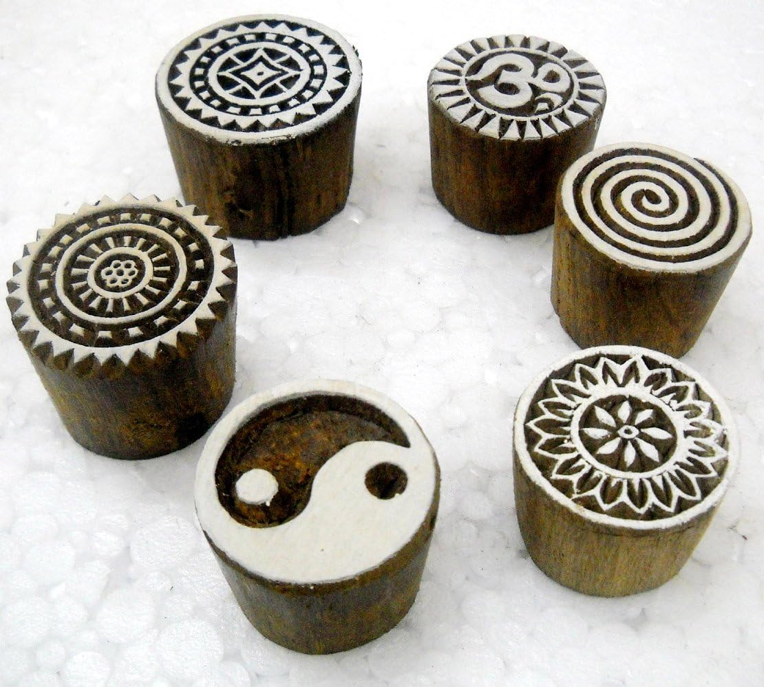 Wholesale Pack of Six Round Shaped Wooden Block Stamps/Tattoo/Indian Textile Printing Blocks